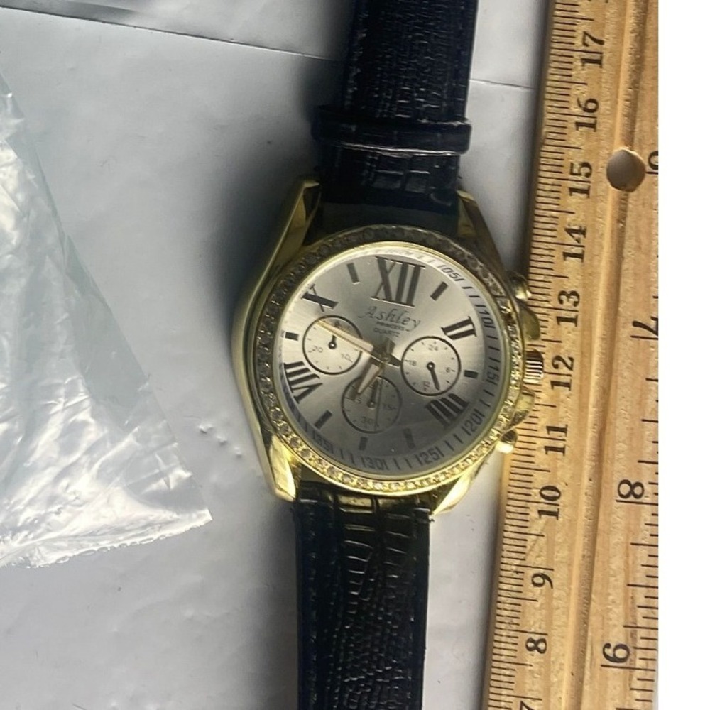 Ashleigh Stainless Steel Gold Tone Analog Watch Black Leather Strap
